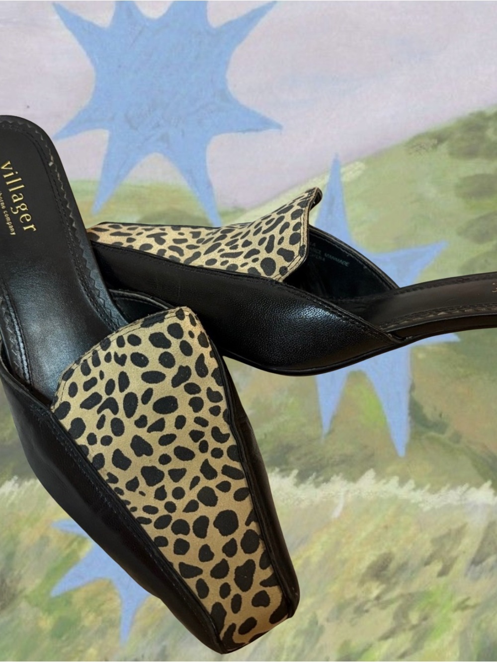 Vintage 90s Villager Liz Claiborne Leather Cheetah Mules Slip-On Slides